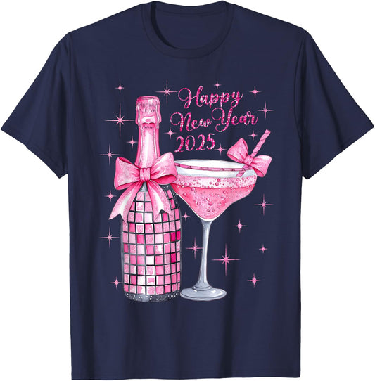 Pink Champagne Wine Bottle Disco Balls New Years 2025 T-Shirt - T-Shirt | Navy
