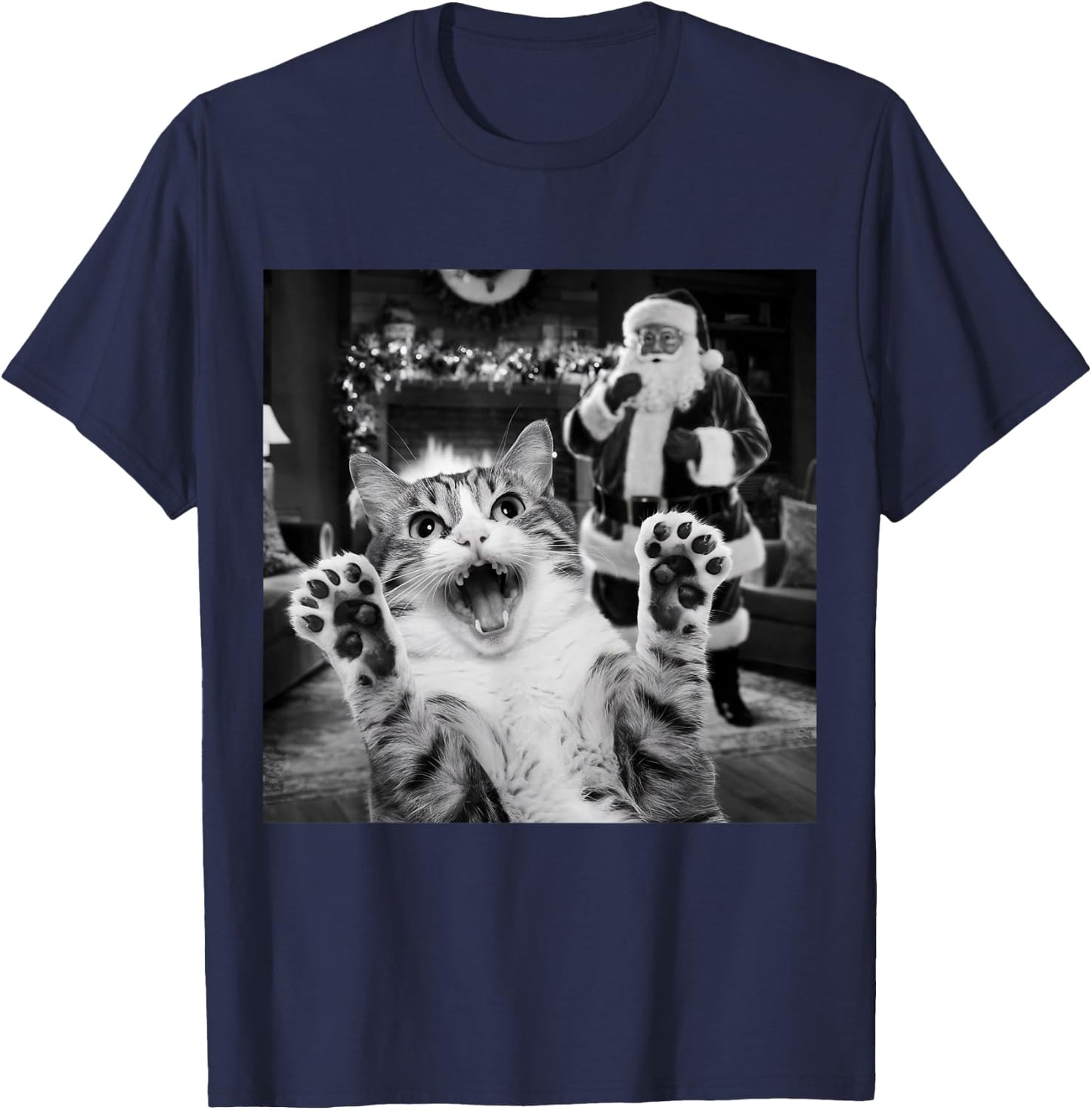 Funny Cat Selfie With Santa Christmas T-Shirt - T-Shirt | Navy