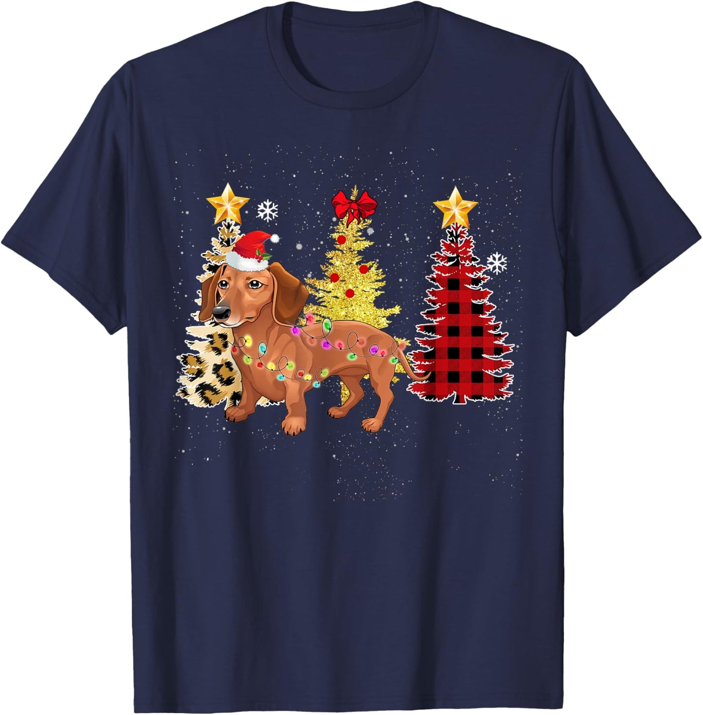 Santa Dachshund Christmas Tree Lights T-Shirt - T-Shirt | Navy