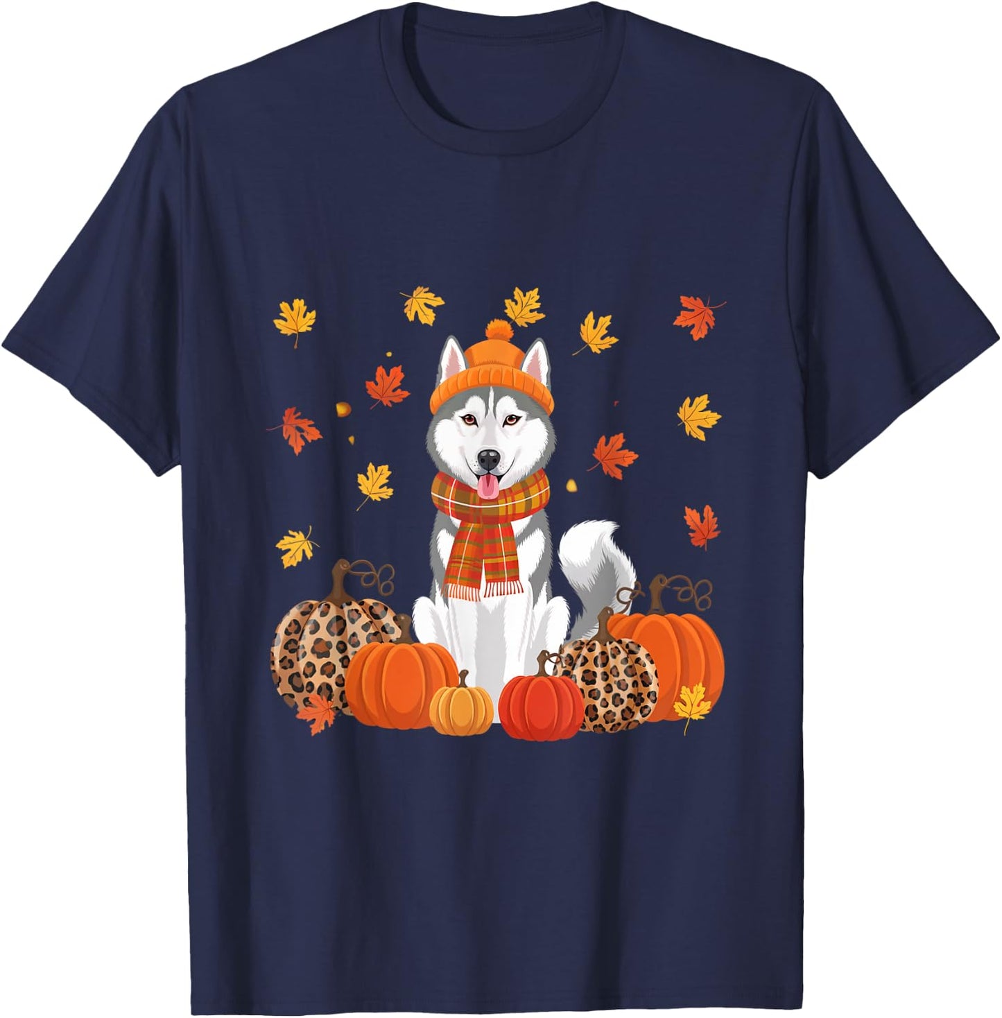 Fall Husky Pumpkins Leaves Autumn Halloween Thanksgiving T-Shirt - T-Shirt | Navy