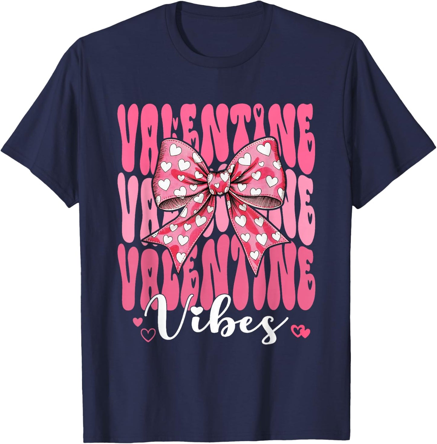 Retro Groovy Heart Coquette Bow Valentine Vibes Women Girl T-Shirt - T-Shirt | Navy