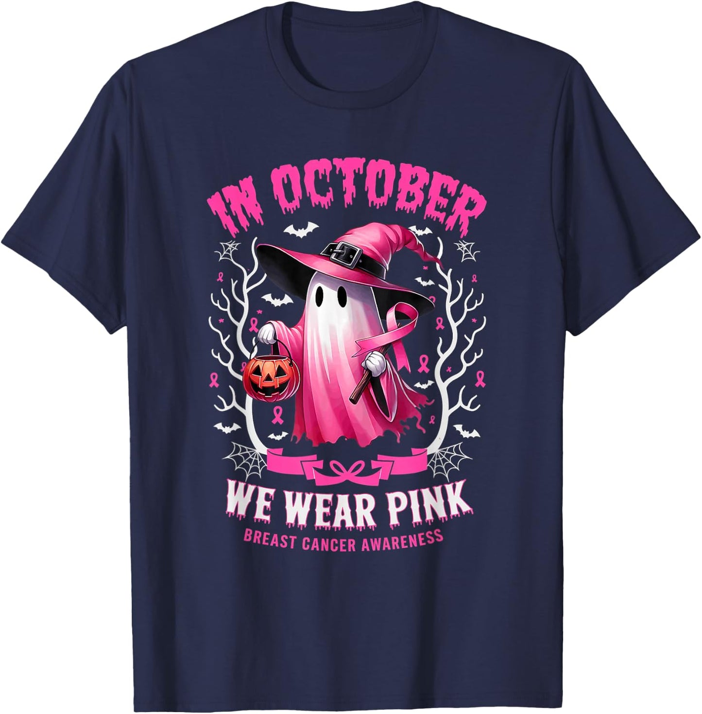 In October We Wear Pink Ghost Witch Breast Cancer Awareness T-Shirt - T-Shirt | Navy