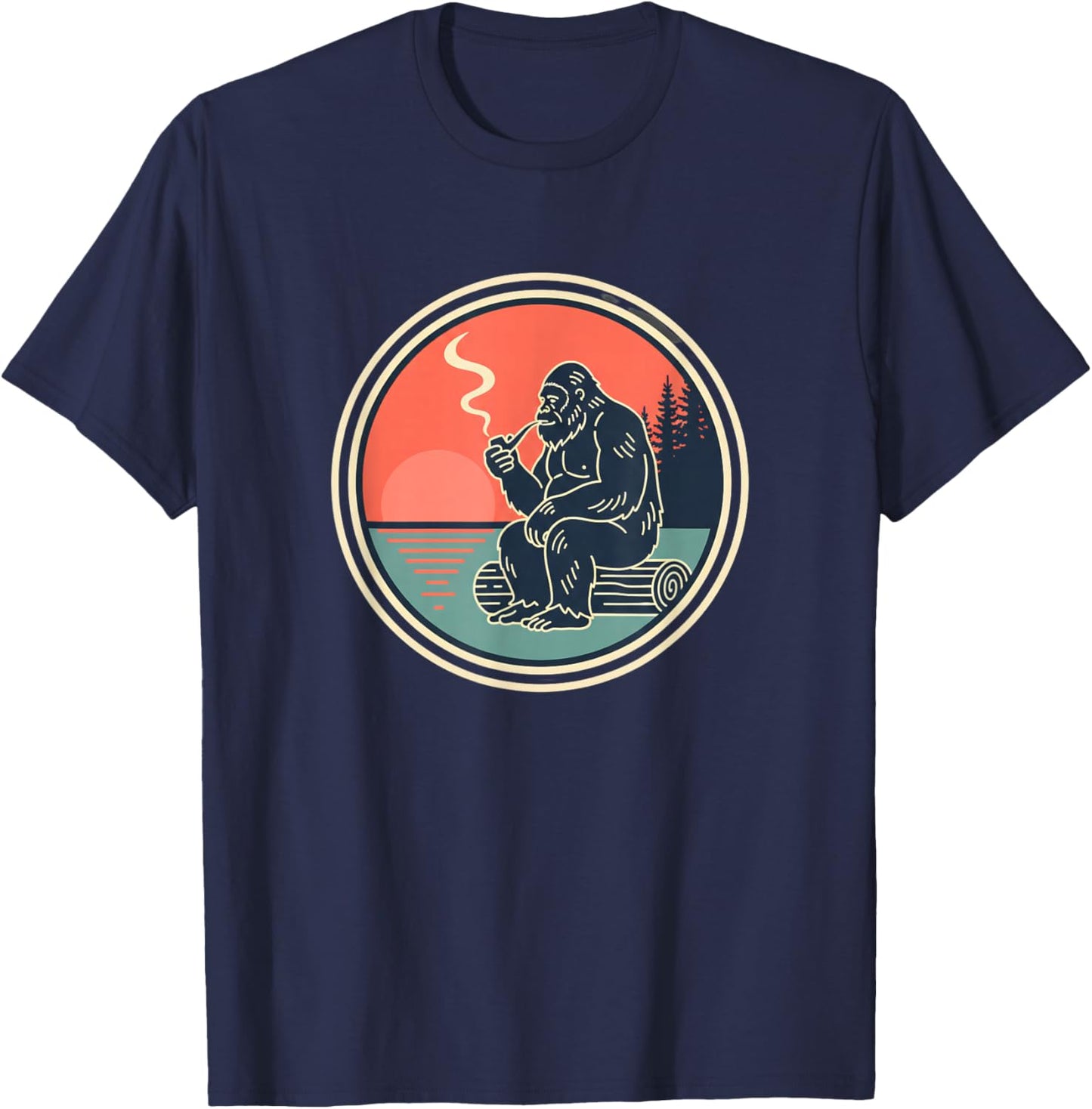 Bigfoot Smoking Pipe Sasquatch Cryptid Retro Sunset T-Shirt - T-Shirt | Navy