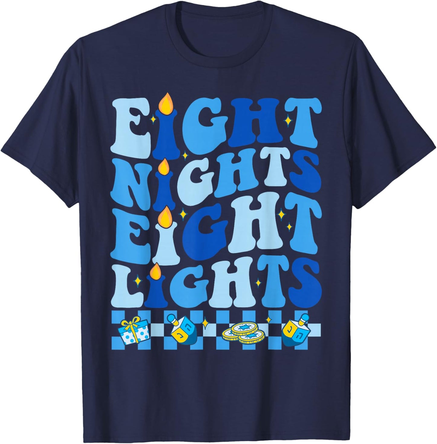 Retro Groovy Eight Nights and Eight Lights Happy Hanukkah T-Shirt - T-Shirt | Navy