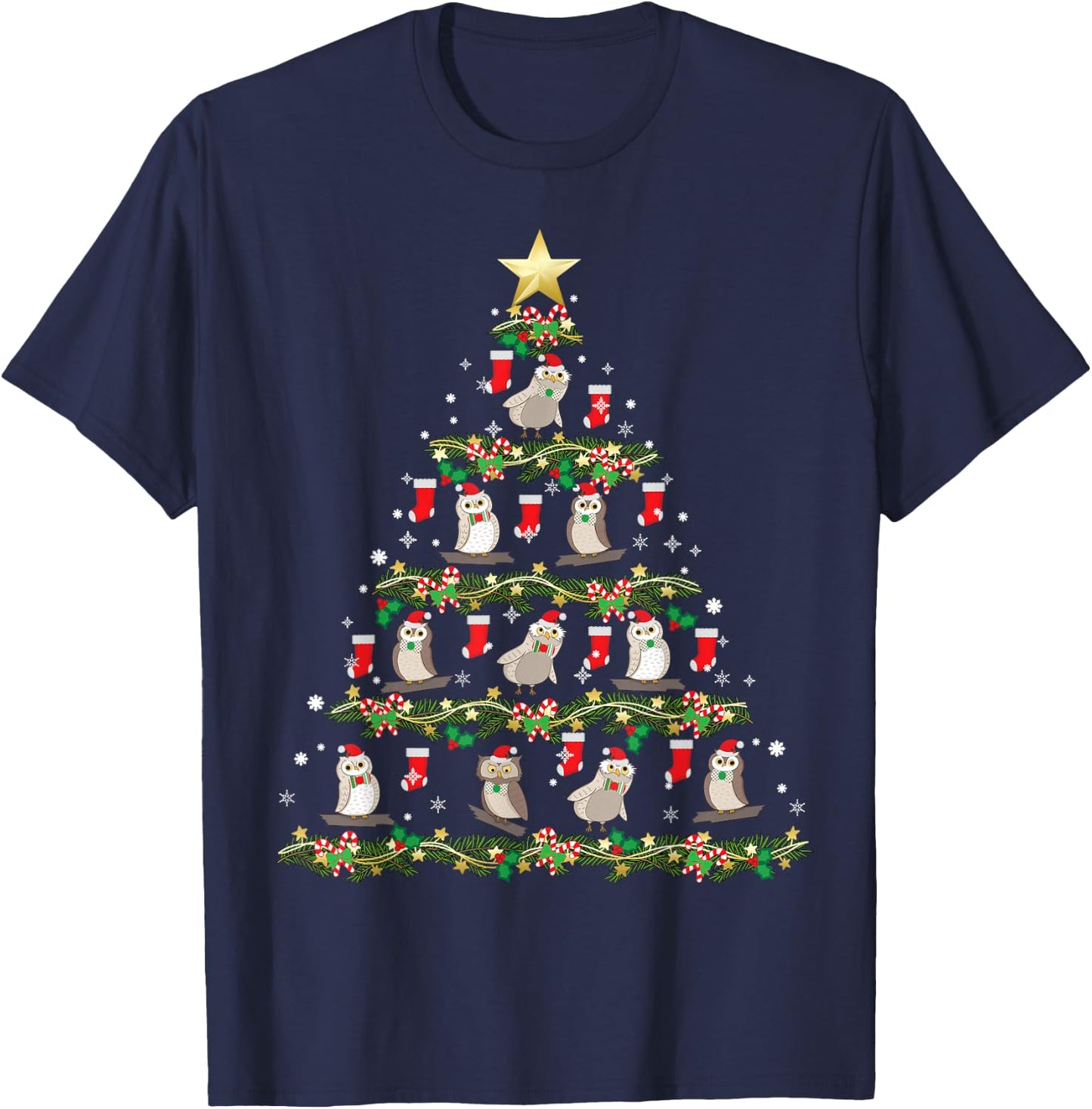 Christmas Animals Designs Owl Christmas Tree T-Shirt - T-Shirt | Navy