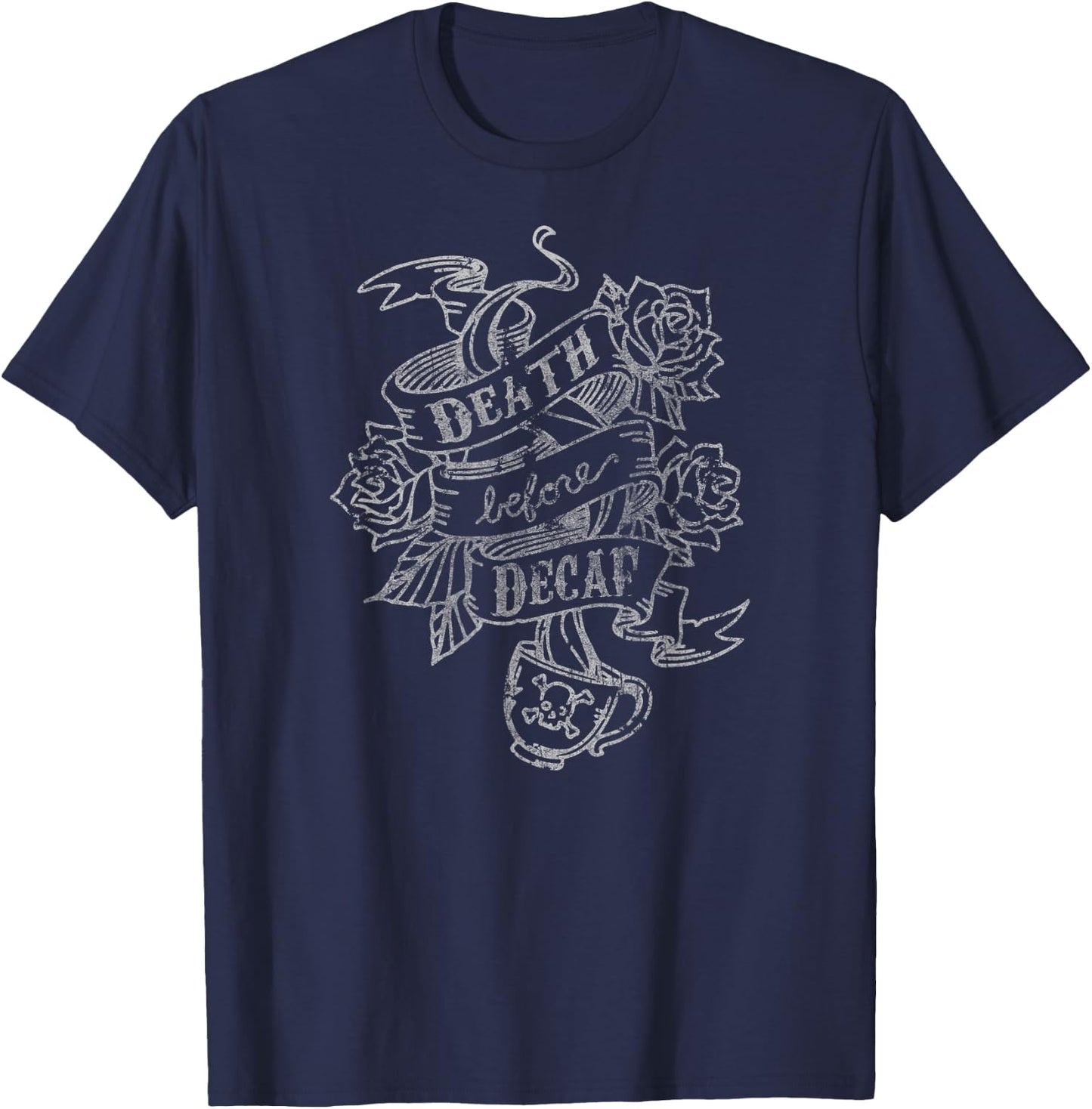 Distressed Death Before Decaf (Coffee) T-Shirt - T-Shirt | Navy