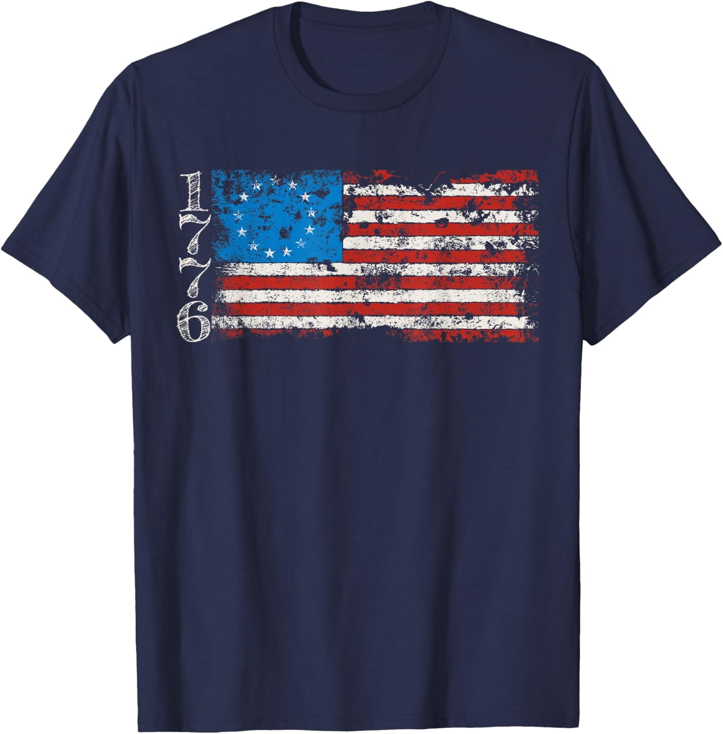 Betsy Ross 1776 13 Stars Distressed USA Patriotic Flag T-Shirt - T-Shirt | Navy