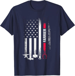 Farrier US Flag Horseshoe Hoof Trimming Equine Shoeing T-Shirt - T-Shirt | Navy