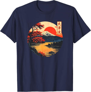 Japanese Red Sunset and Mountain Fuji Japan Art T-Shirt - T-Shirt | Navy