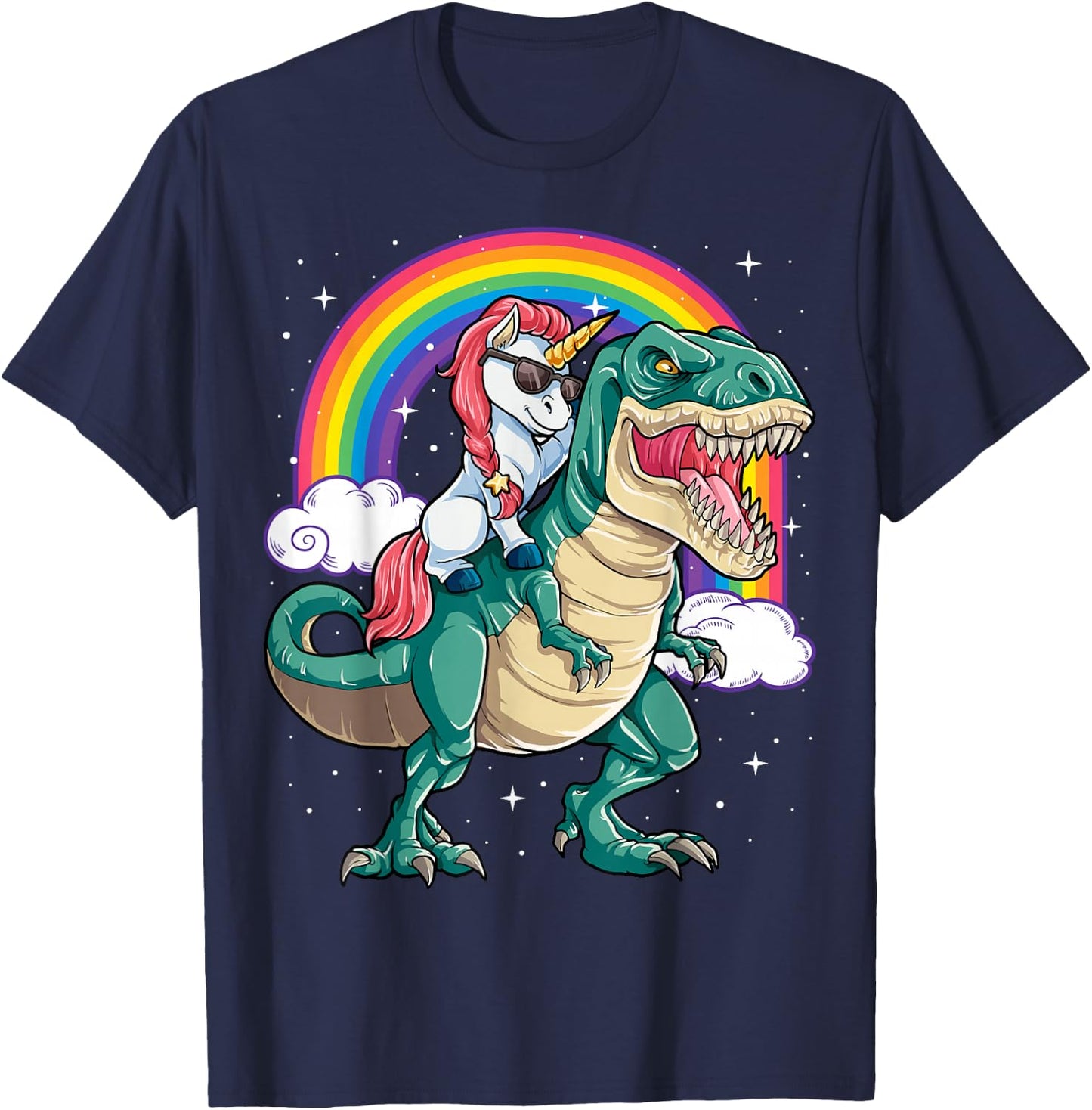 Unicorn Riding T rex Dinosaur Boys Girls Men Women Rainbow Small T-Shirt - T-Shirt | Navy