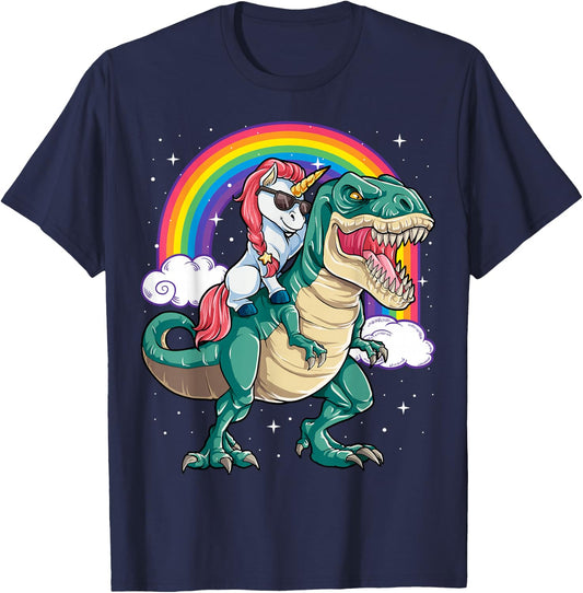 Unicorn Riding T rex Dinosaur Boys Girls Men Women Rainbow Small T-Shirt - T-Shirt | Navy