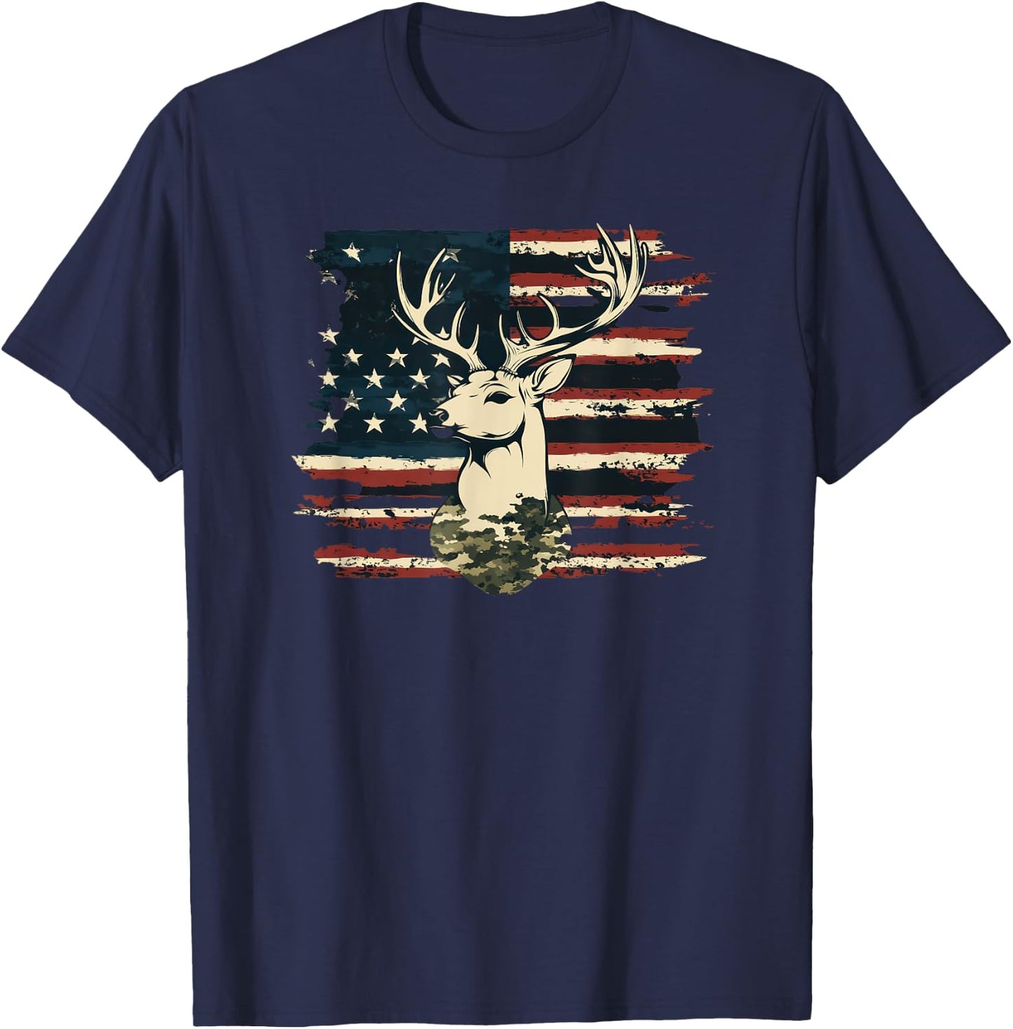 Deer Camo USA Flag Deer Elk Buck Hunting Graphic T-Shirt - T-Shirt | Navy