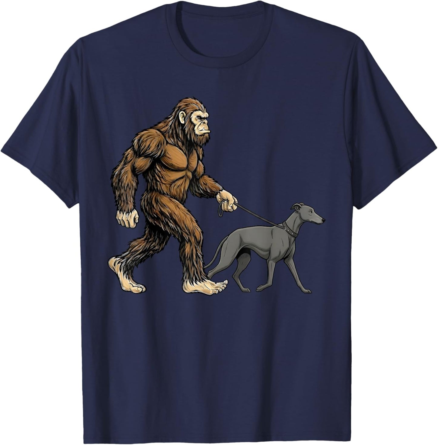 Bigfoot Walking Greyhound Dog Funny Sasquatch T-Shirt - T-Shirt | Navy