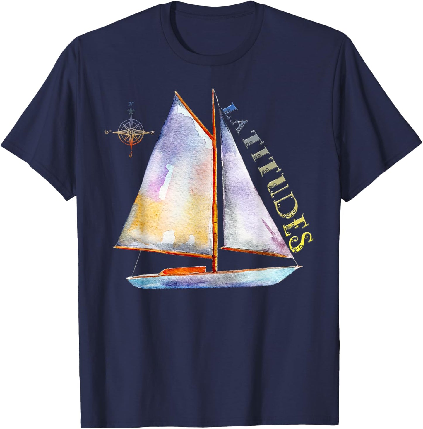 Watercolor Sailboat with Compass and LATITUDES Sailing T-Shirt - T-Shirt | Navy