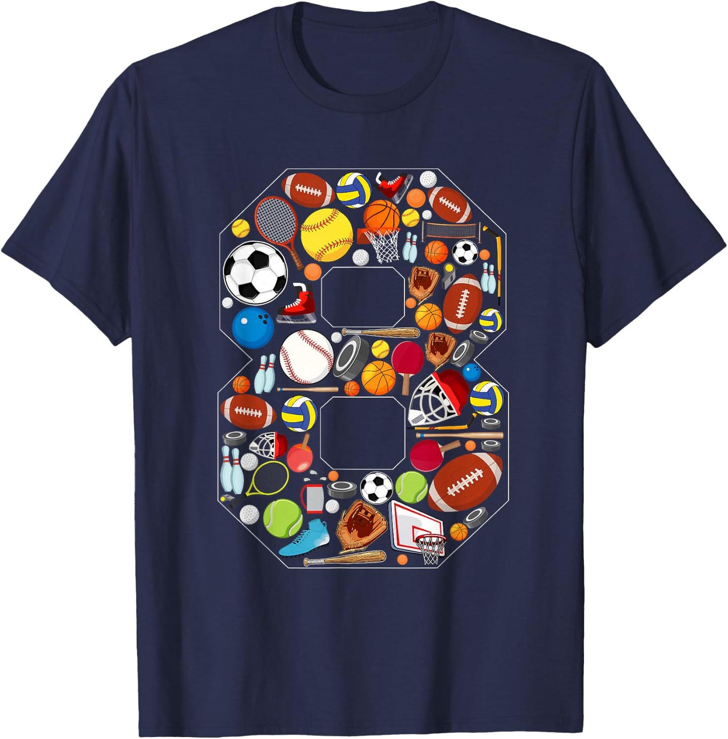 8th Birthday Sports Theme 8 Year Old Boy Girl Birthday T-Shirt - T-Shirt | Navy