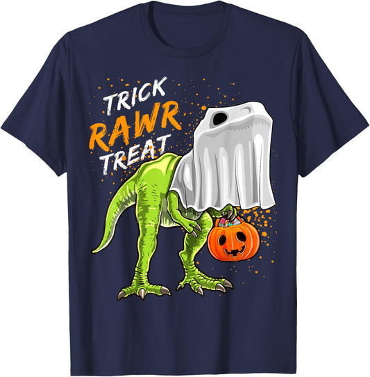 Trick Rawr Treat Halloween T Rex Dinosaur Ghost Gift Boys T-Shirt - T-Shirt | Navy