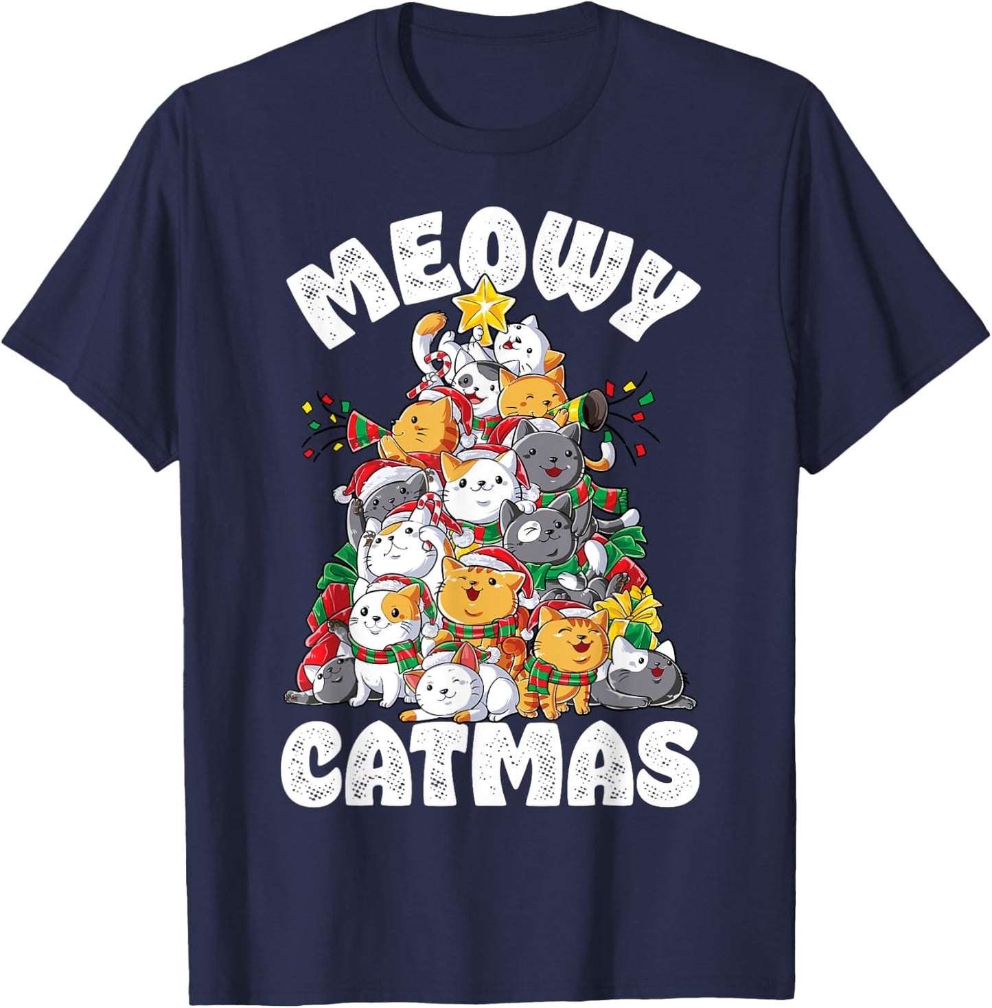 Meowy Catmas Cat Christmas Tree Xmas Girls Boys Funny Santa Short Sleeve T-Shirt - T-Shirt | Navy