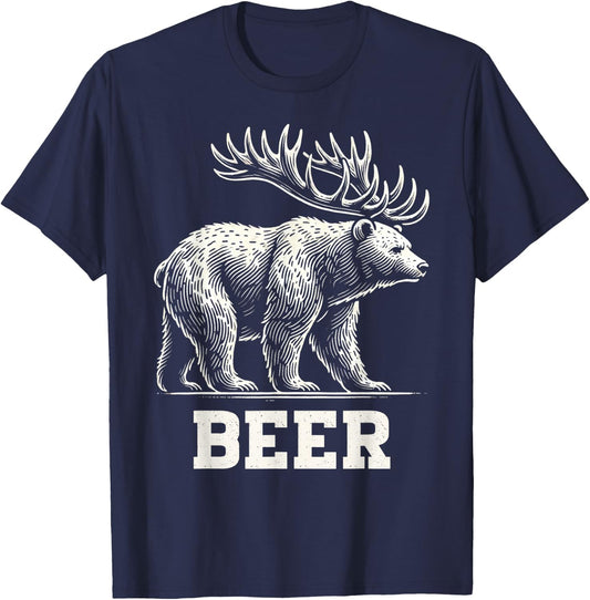 Funny Beer Lover Bear Deer Beer Drinking Animal Humor T-Shirt - T-Shirt | Navy