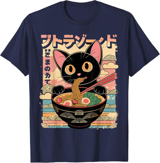Funny Kawaii Cat Eating Ramen Noodles Anime Girls Teens T-Shirt - T-Shirt | Navy