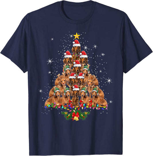 Dachshund Christmas Tree Dog Xmas Lights Pajamas Funny T-Shirt - T-Shirt | Navy