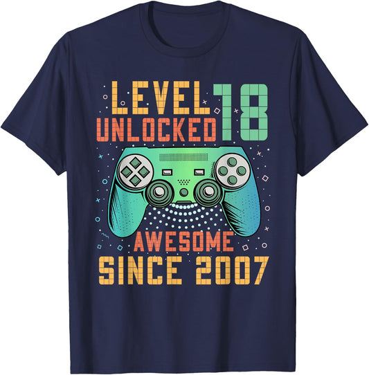 Awesome Since 2007 18 Birthday Boy Gamer Gifts Level 18 Unlocked 18th Birthday Black Gaming T-Shirt - T-Shirt | Navy