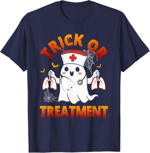 Trick Or Treatment Boo Respiratory Therapist Ghost Halloween T-Shirt - T-Shirt | Navy