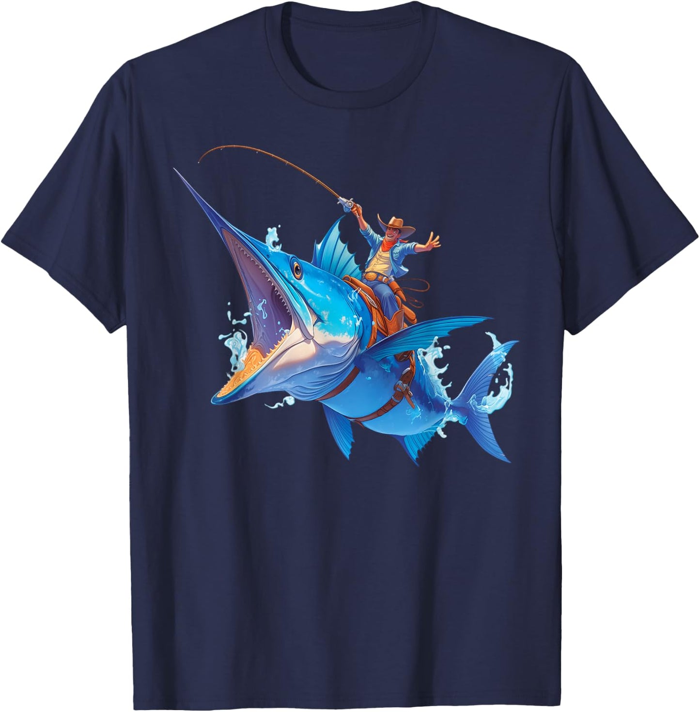 Cool Epic Cowboy Riding a Giant Fish Adventure T-Shirt - T-Shirt | Navy