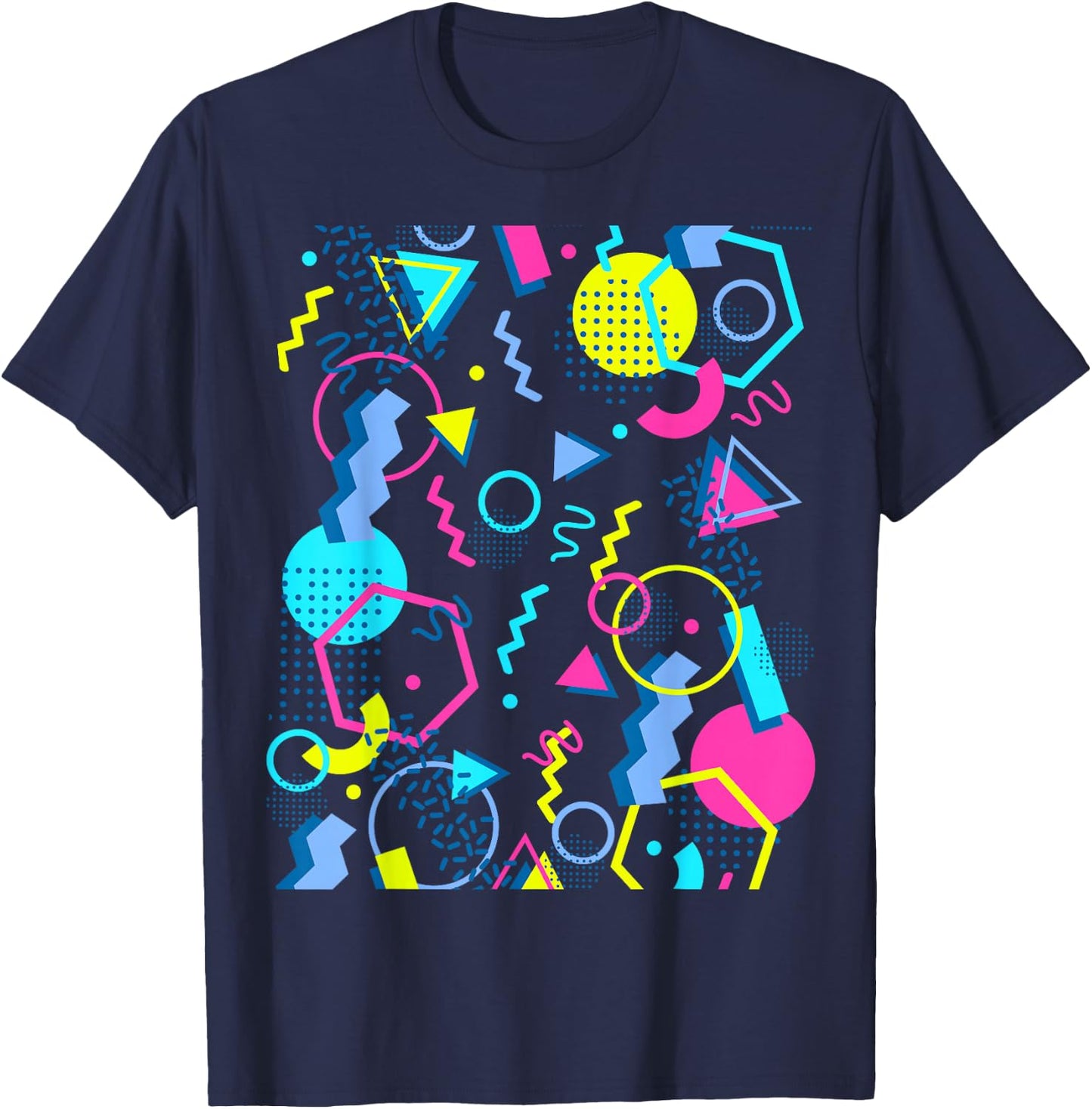 Geometric Pattern 80s 90s Memphis Style T-Shirt - T-Shirt | Navy