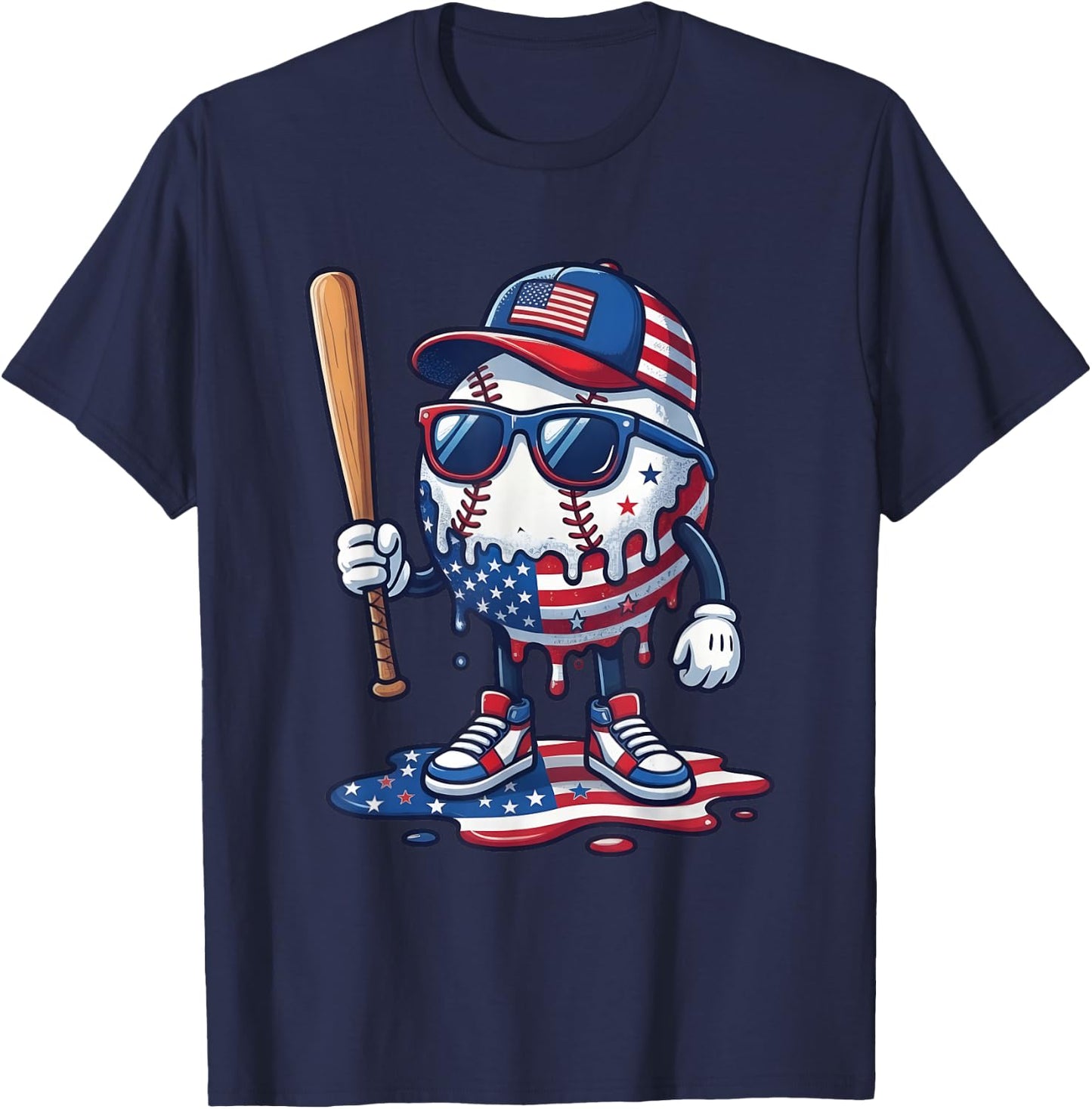 Baseball Drip Ice Cream Boys 4th of July American USA Flag T-Shirt - T-Shirt | Navy