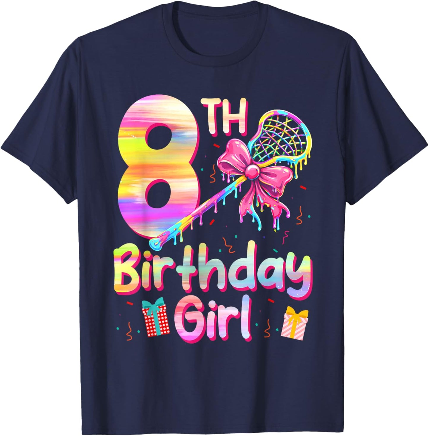8th Lax Birthday Lacrosse Ice Cream Drip 8 Years Girl T-Shirt - T-Shirt | Navy