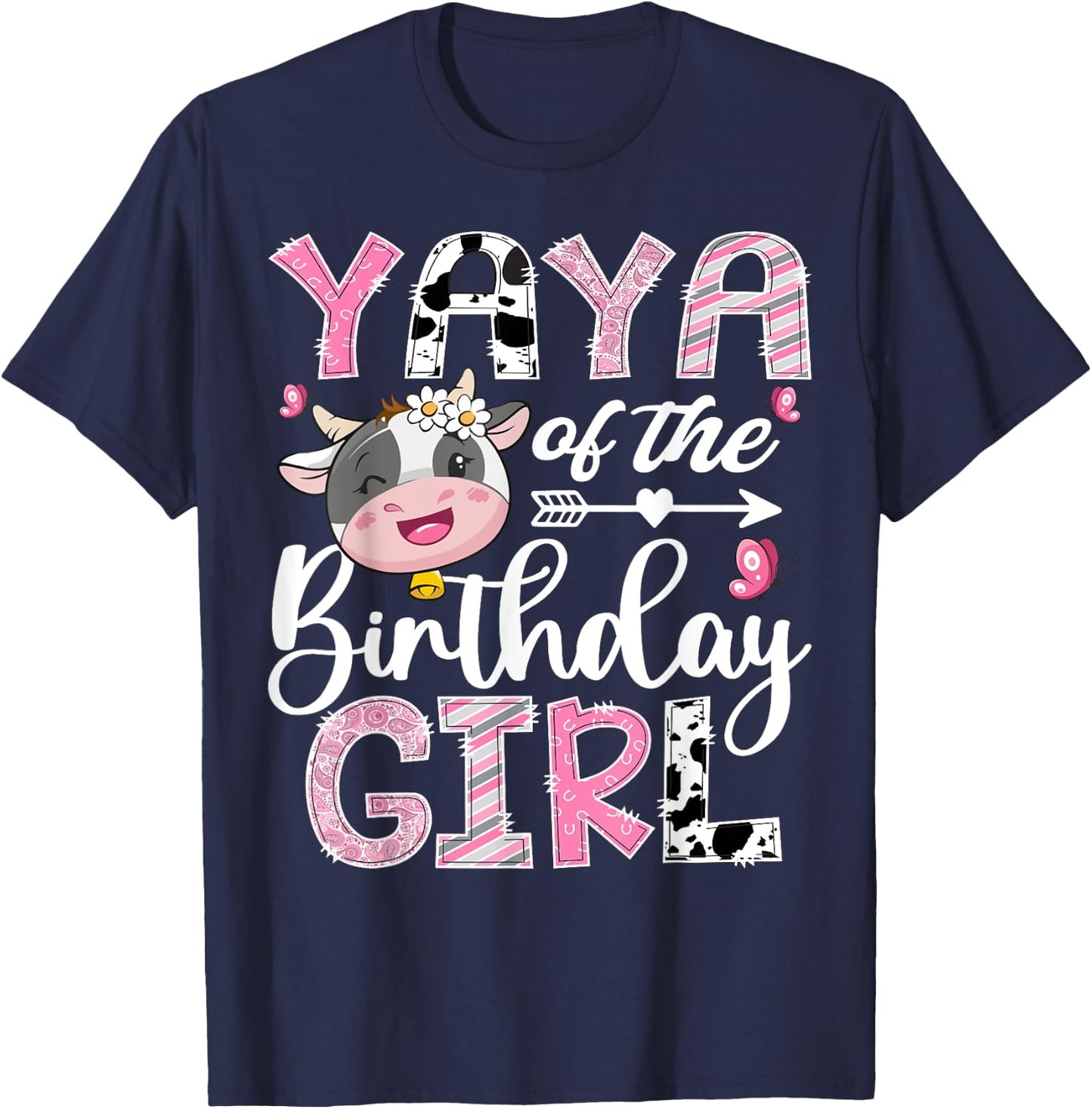 Yaya Of The Birthday Girl Pink Farm Cow 1St Birthday T-Shirt - T-Shirt | Navy