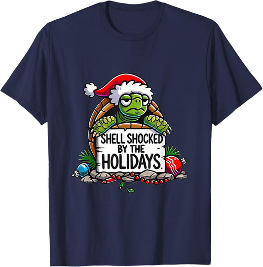 Shell Shocked by the Holidays Grumpy Turtle Christmas Funny T-Shirt - T-Shirt | Navy