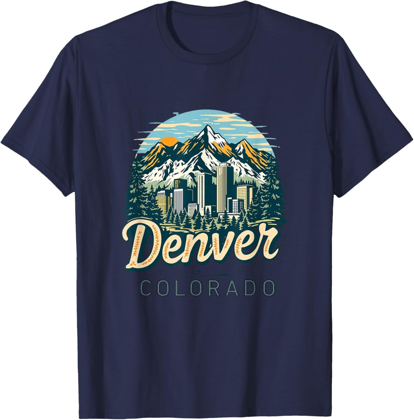 Vintage Denver Colorado Sunset Skyline Cityscape Retro T-Shirt - T-Shirt | Navy