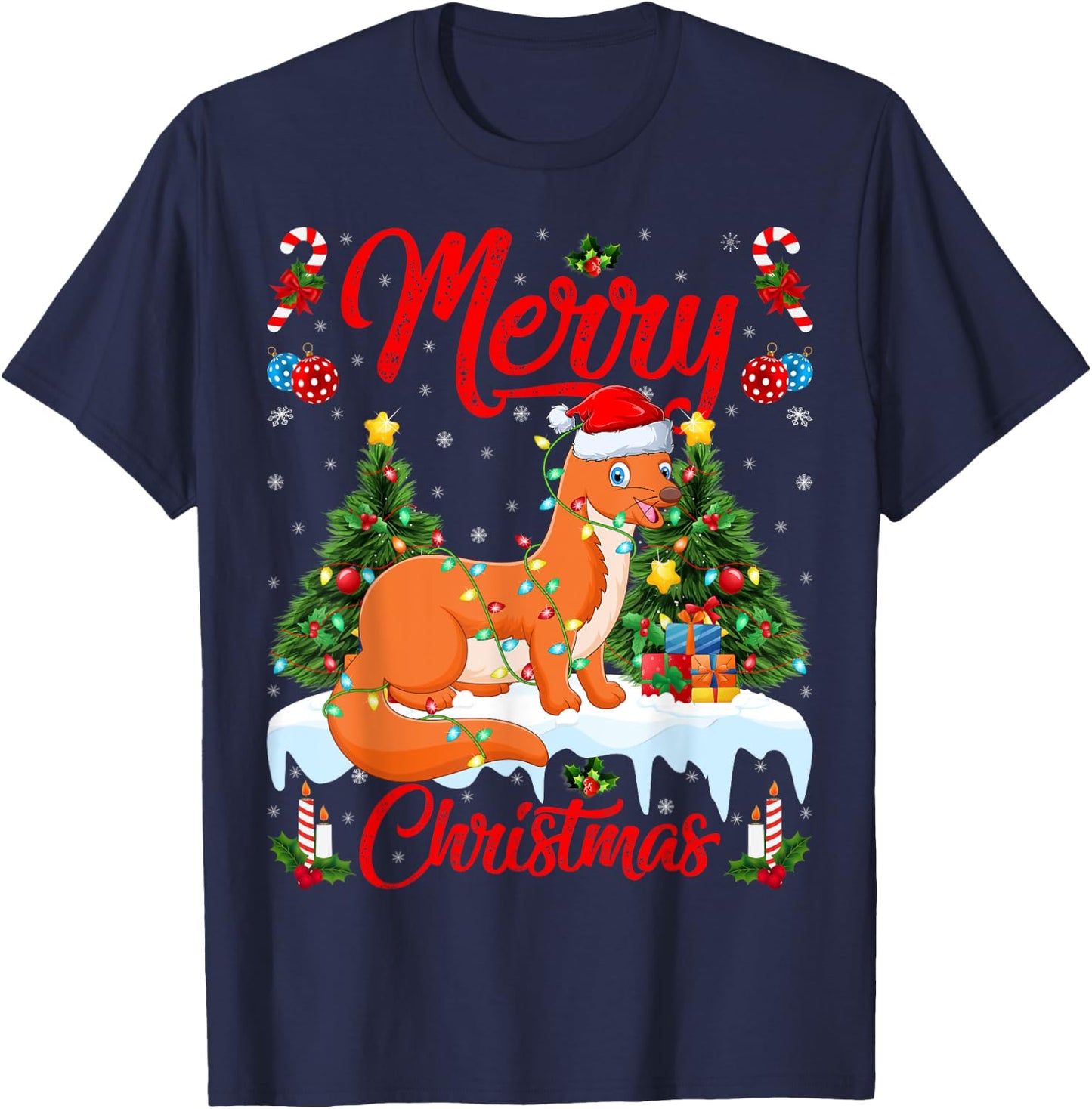 Weasel Merry Christmas Tree Lighting Weasel Xmas T-Shirt - T-Shirt | Navy