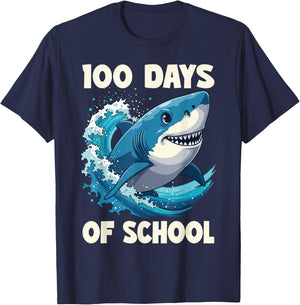 100 Days Of School Funny Shark 100th Day Of School Boy Shark T-Shirt - T-Shirt | Navy
