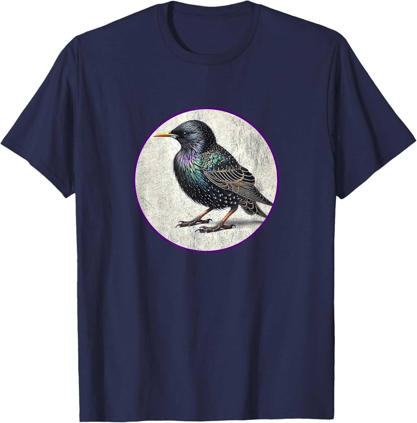 Colorful Retro European Starling Bird Design T-Shirt - T-Shirt | Navy