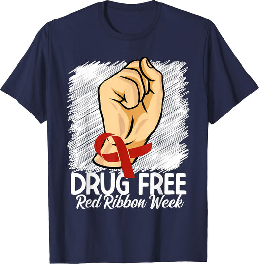 Drug Free Red Ribbon Week Awareness Say No To Drugs T-Shirt - T-Shirt | Navy