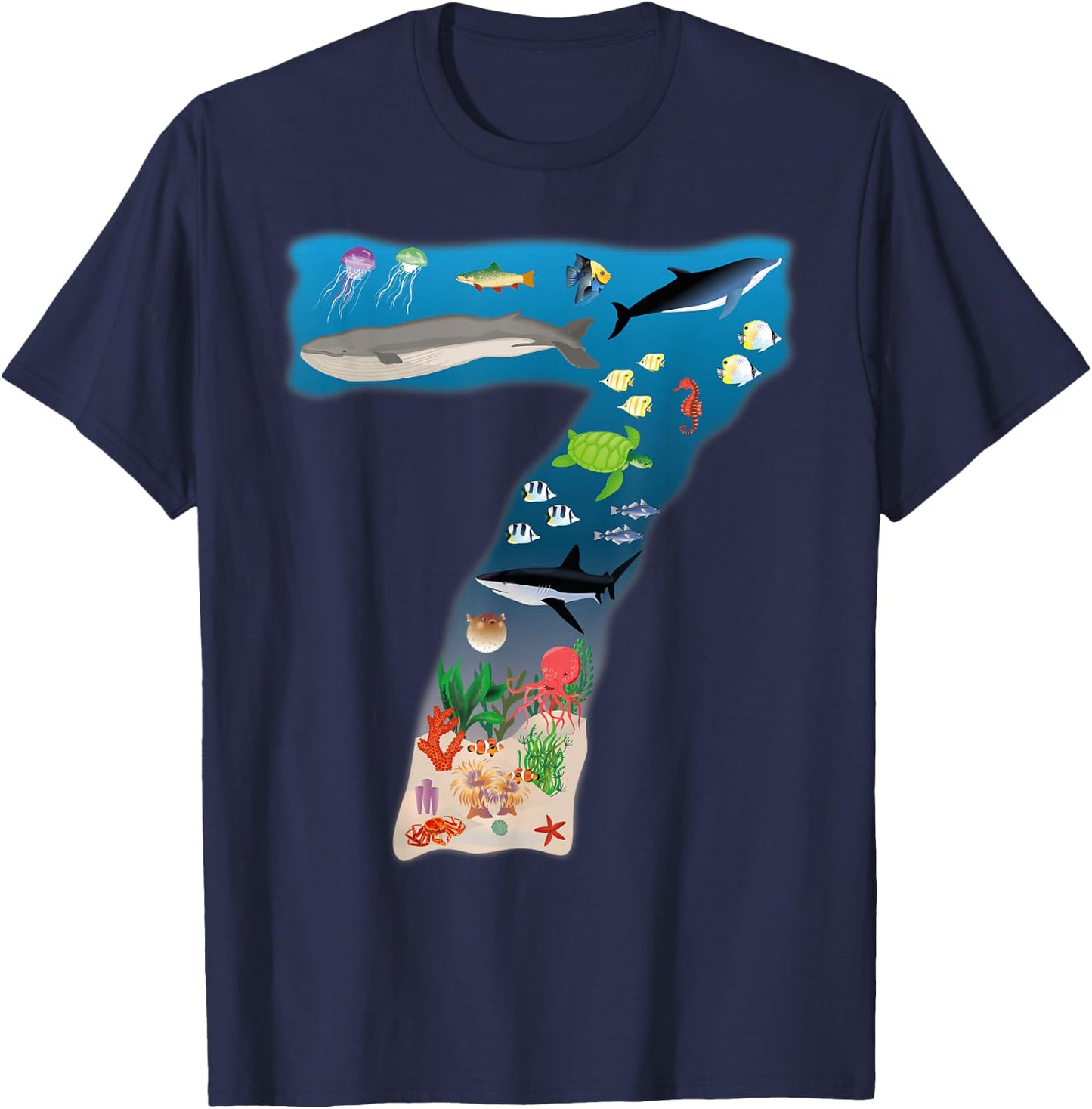 Under Sea REALISTIC Fish Starfish Seventh number 7 T-Shirt - T-Shirt | Navy