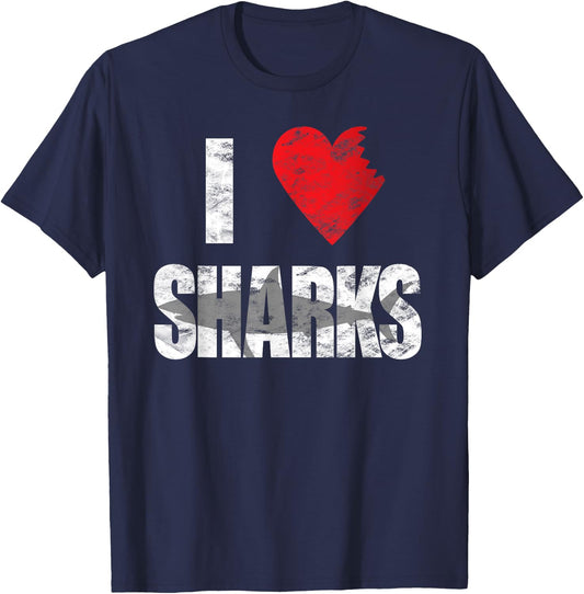 I Love Sharks Cool Shark Bite Heart Distressed T-Shirt - T-Shirt | Navy