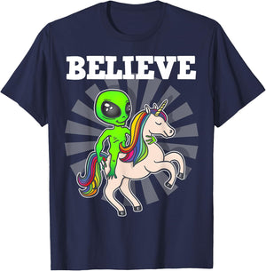Believe Space Alien Riding Unicorn Funny Gift T-Shirt - T-Shirt | Navy