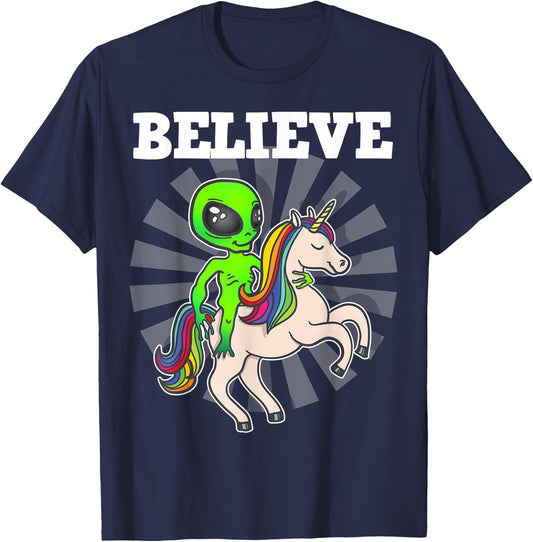 Believe Space Alien Riding Unicorn Funny Gift T-Shirt - T-Shirt | Navy