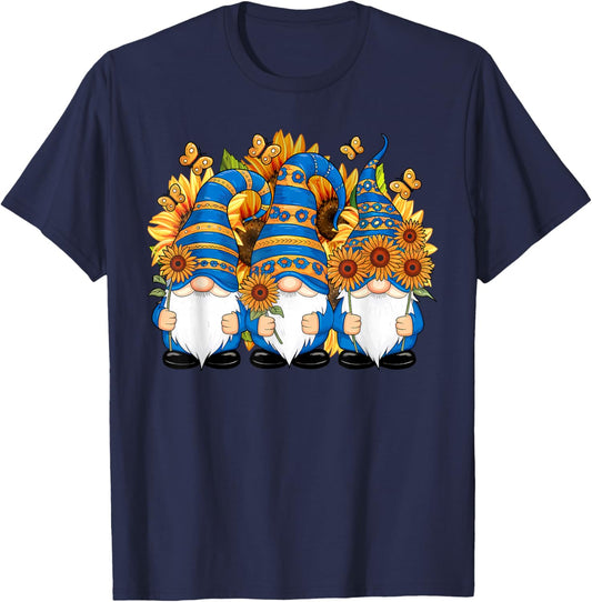 Cute Gnomes With Sunflower Butterfly Gardeners Summer Floral T-Shirt - T-Shirt | Navy