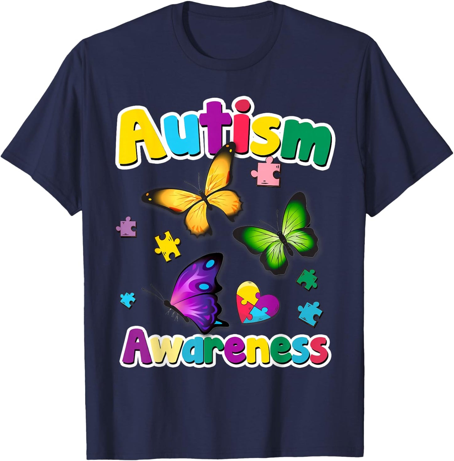 Autism Awareness Butterfly Puzzle Pieces Gift T-Shirt - T-Shirt | Navy
