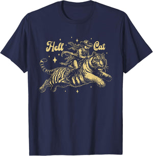 Vintage Cowgirl Hell Cat Retro Cowgirl Western -Adults Black Small Animal-Print T-Shirt - T-Shirt | Navy