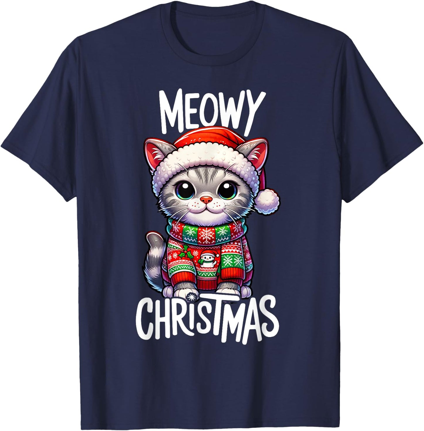 Meowy Christmas Cat Lover Funny Festive Holidays Cute Kitten Women Kids T-Shirt - T-Shirt | Navy