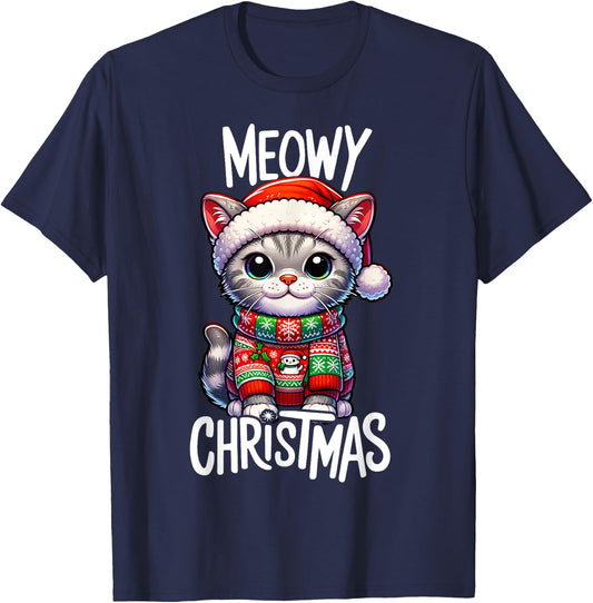Meowy Christmas Cat Lover Funny Festive Holidays Cute Kitten Women Kids T-Shirt - T-Shirt | Navy