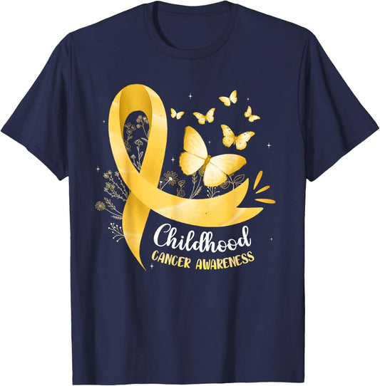 Gold Ribbon Childhood Cancer Awareness Girls Kids Women T-Shirt - T-Shirt | Navy