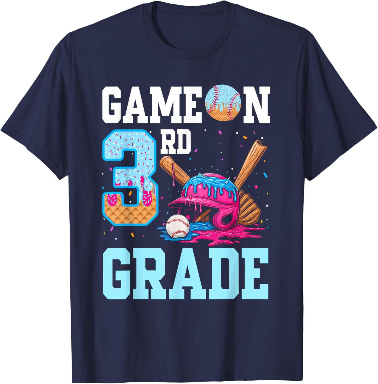 3rd Grade Back to School Baseball Drip Ice Cream Game On Kid T-Shirt - T-Shirt | Navy