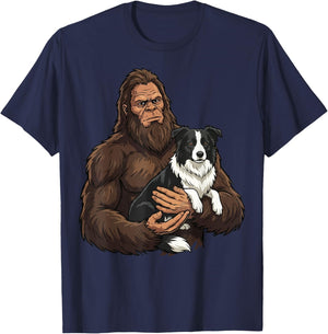 Bigfoot Holding Border Collie T-Shirt - T-Shirt | Navy