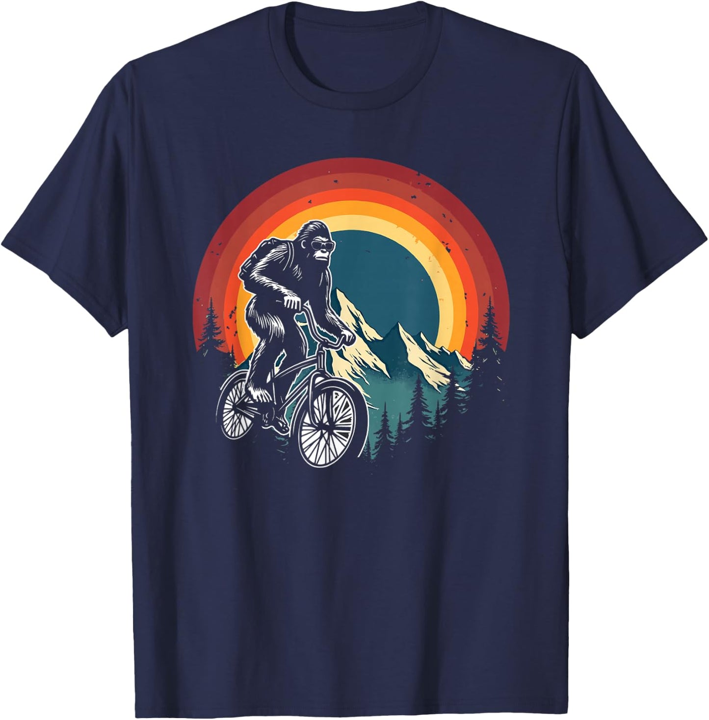 Bigfoot Riding Bicycle Vintage Mountain Biking Bigfoot Biker T-Shirt - T-Shirt | Navy
